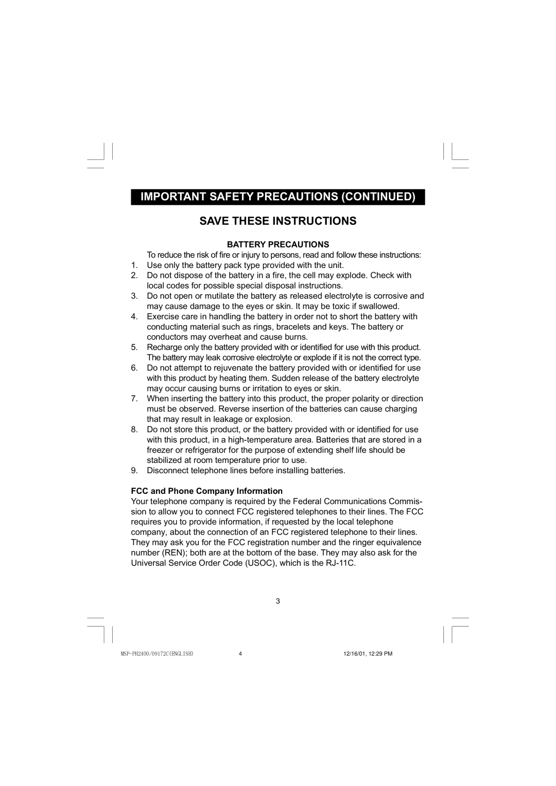 Memorex MSP-PH2400 operating instructions Battery Precautions 