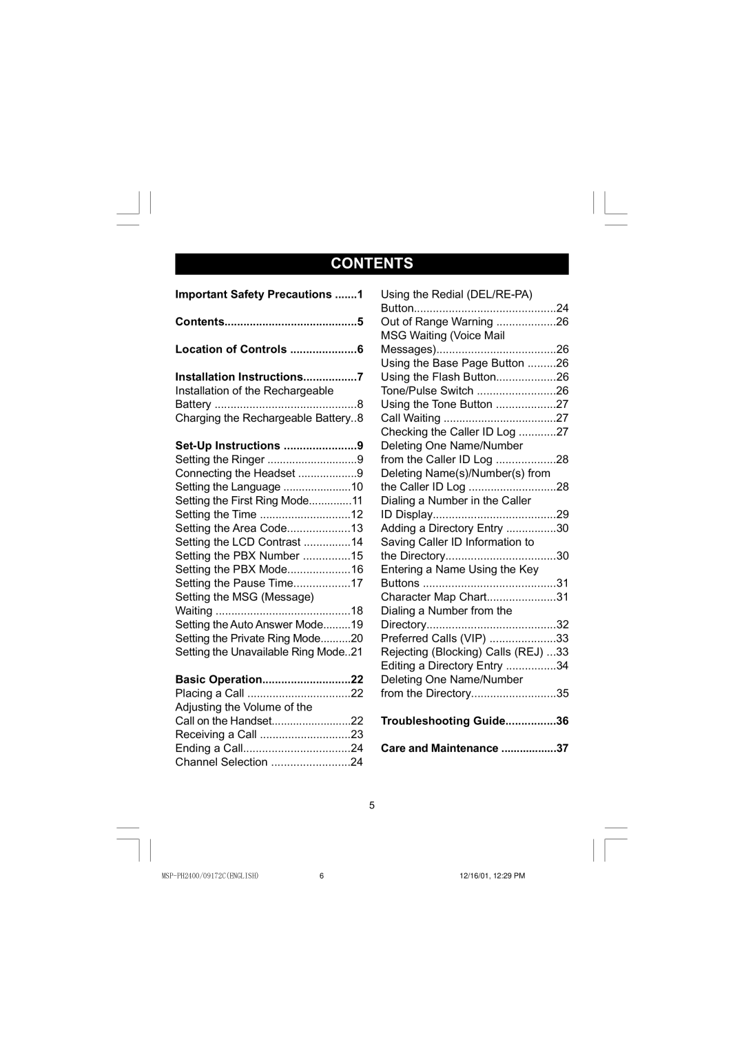 Memorex MSP-PH2400 operating instructions Contents 