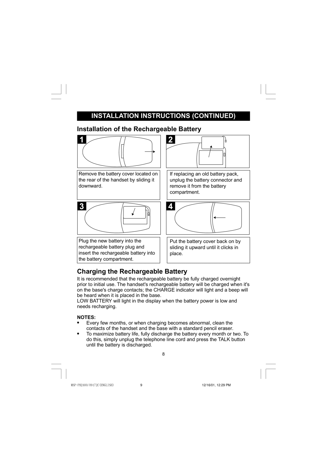 Memorex MSP-PH2400 operating instructions Installation of the Rechargeable Battery 