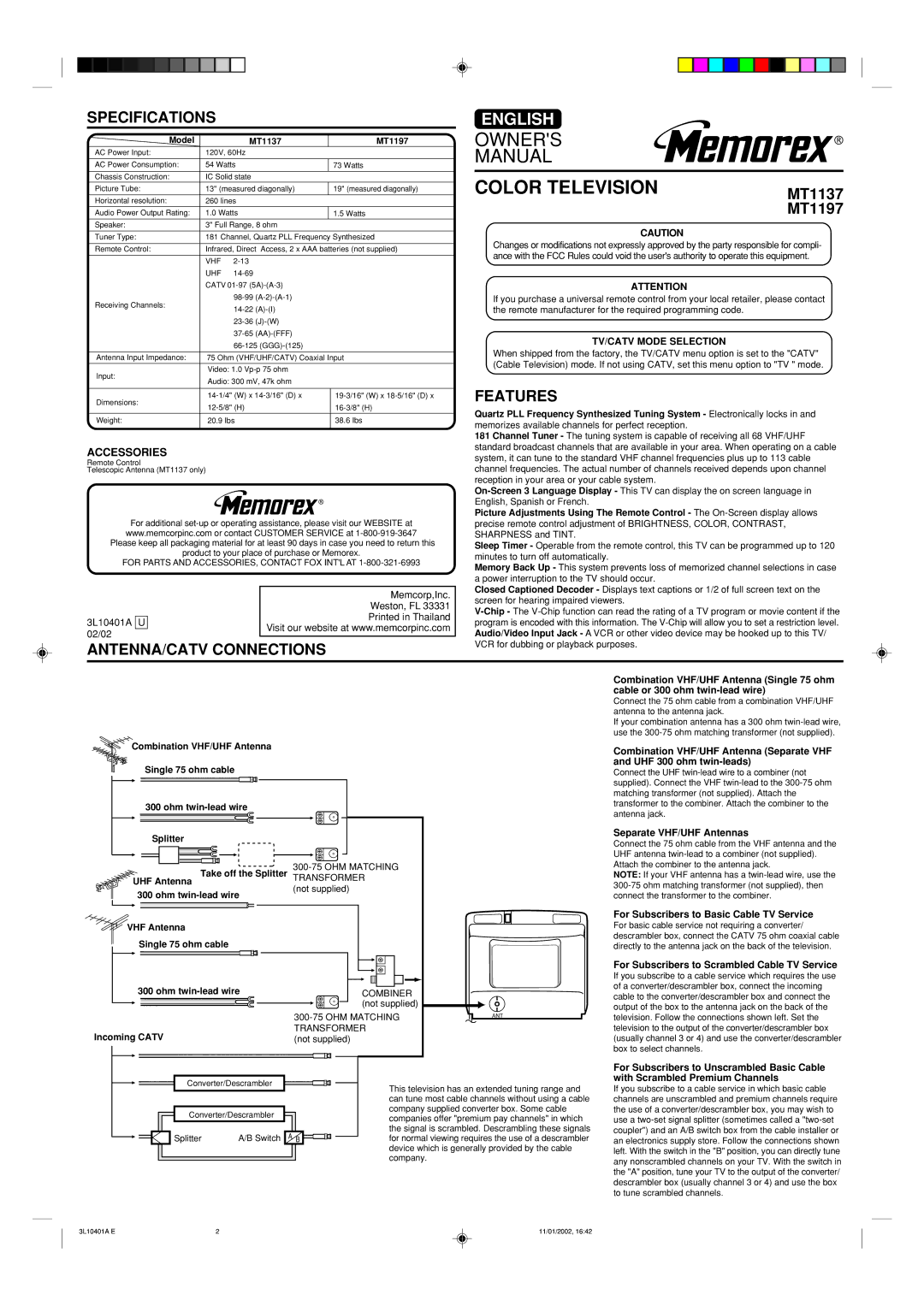 Memorex MT1137, MT1197, MT 1197 owner manual Specifications, ANTENNA/CATV Connections, Features, TV/CATV Mode Selection 