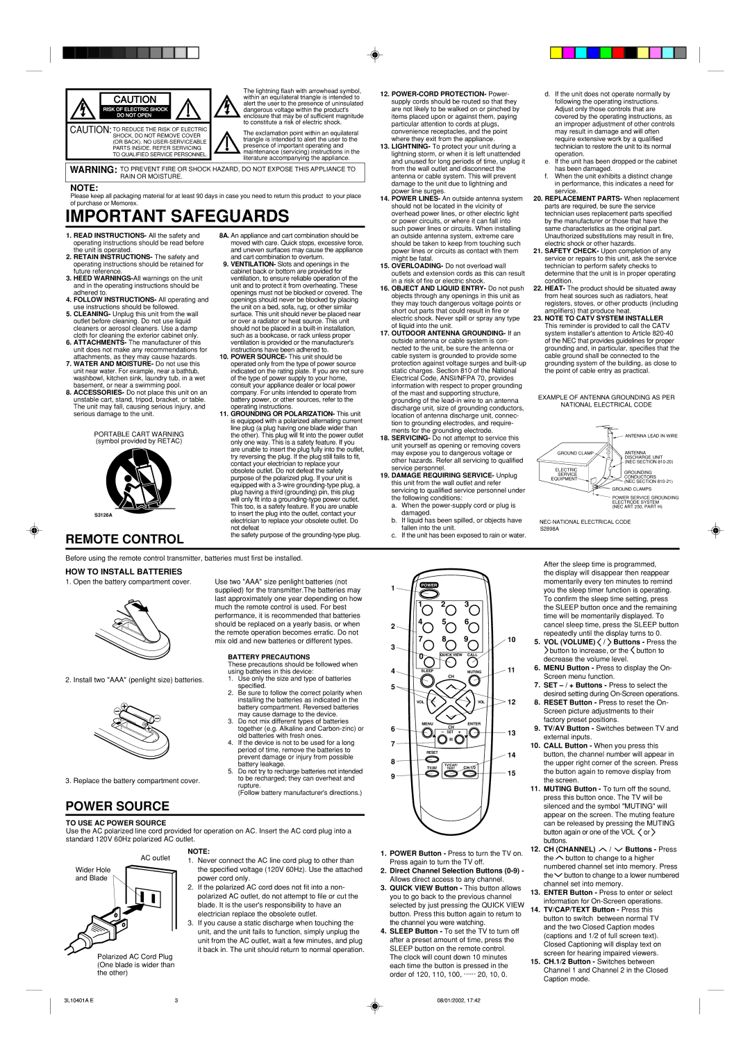 Memorex MT 1197, MT1137, MT1197 Remote Control, HOW to Install Batteries, To USE AC Power Source, CH Channel 