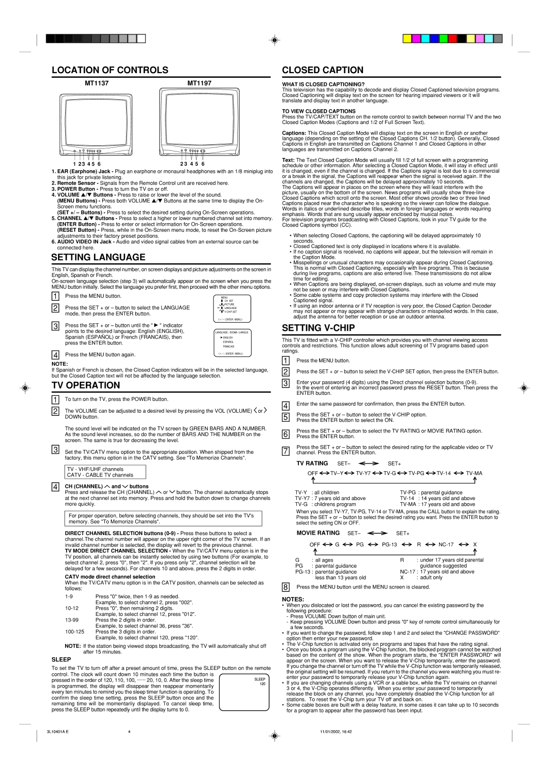 Memorex MT1137, MT1197, MT 1197 Location of Controls, Setting Language, TV Operation, Closed Caption, Setting V-CHIP 