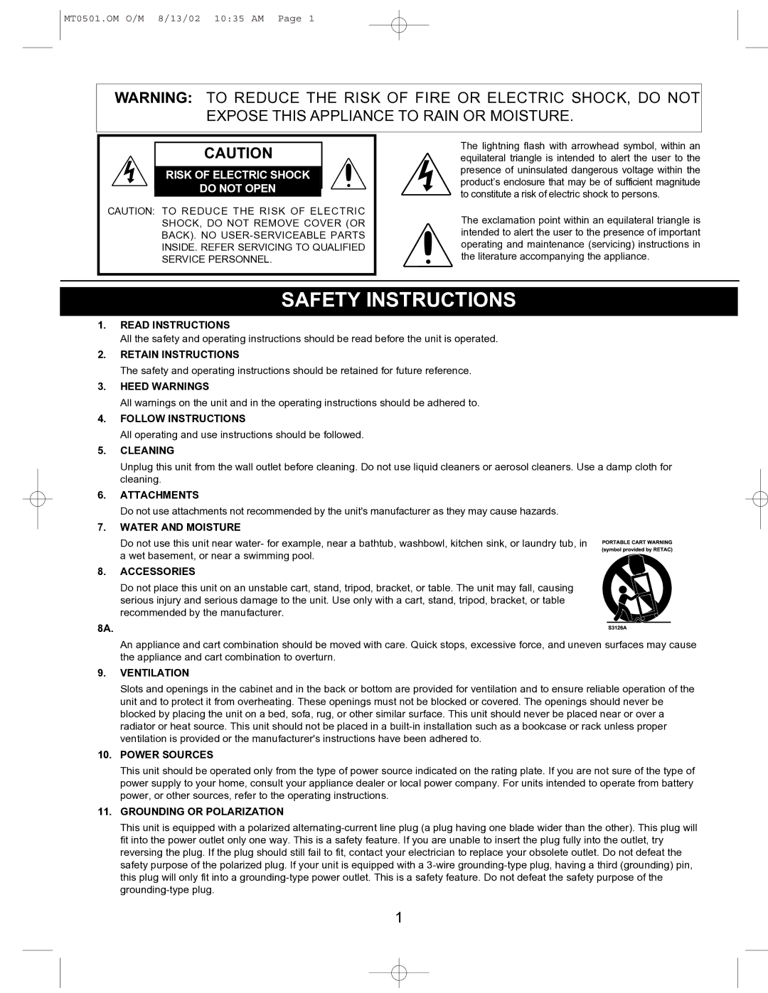 Memorex MT0501 operating instructions Safety Instructions, Risk of Electric Shock Do not Open 