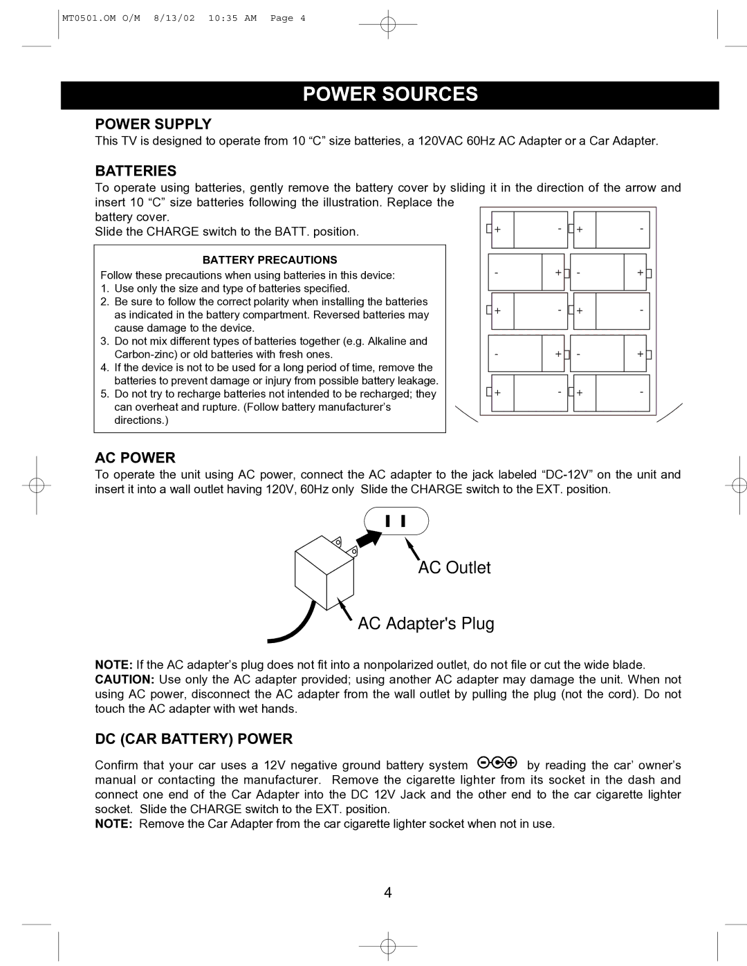 Memorex MT0501 operating instructions Power Sources, Power Supply, Batteries, AC Power, DC CAR Battery Power 