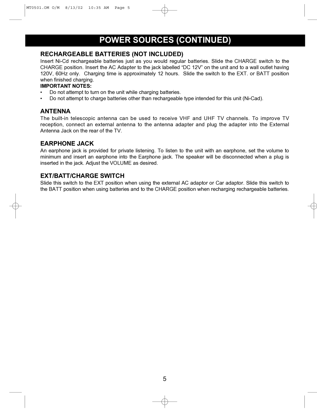 Memorex MT0501 operating instructions Rechargeable Batteries not Included, Antenna, Earphone Jack, EXT/BATT/CHARGE Switch 