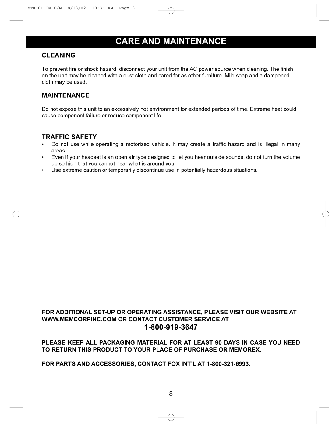 Memorex MT0501 operating instructions Care and Maintenance, Cleaning, Traffic Safety 