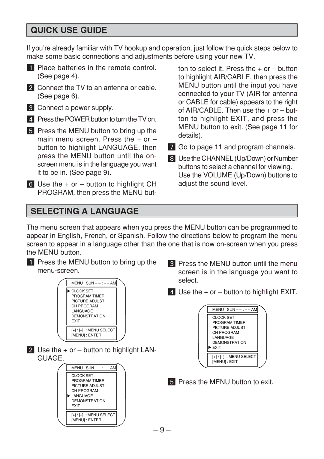 Memorex MT1091 Quick USE Guide, Selecting a Language, Use the + or button to highlight LAN, Press the Menu button to exit 