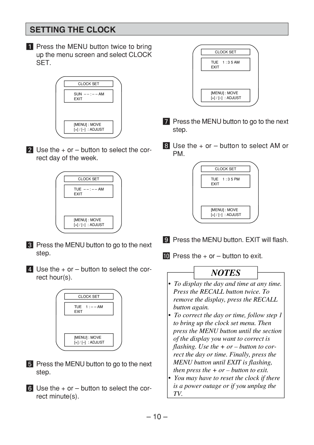 Memorex MT1091 owner manual Setting the Clock, Use the + or button to select the cor- rect day of the week 