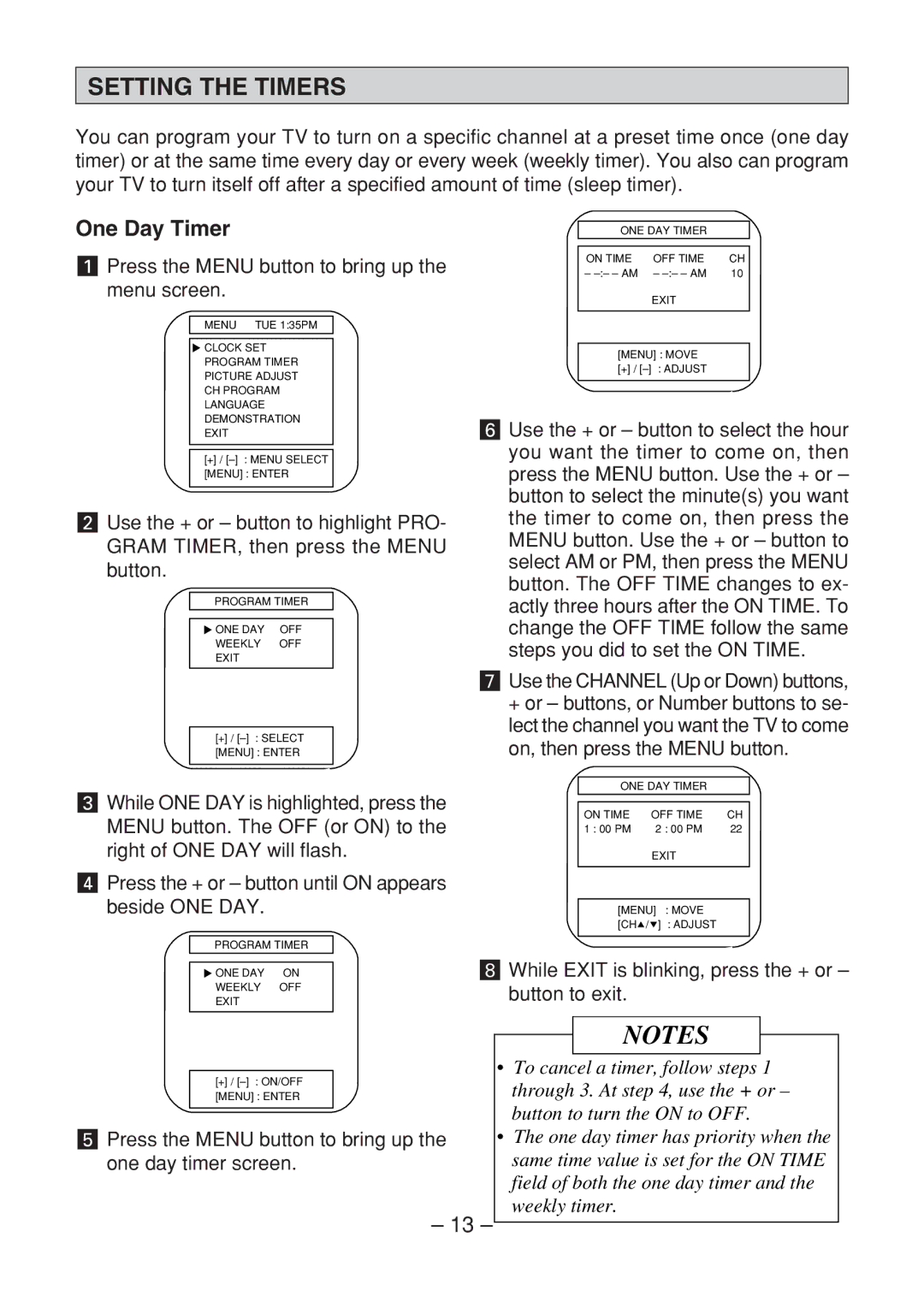 Memorex MT1091 owner manual Setting the Timers, One Day Timer, While Exit is blinking, press the + or button to exit 