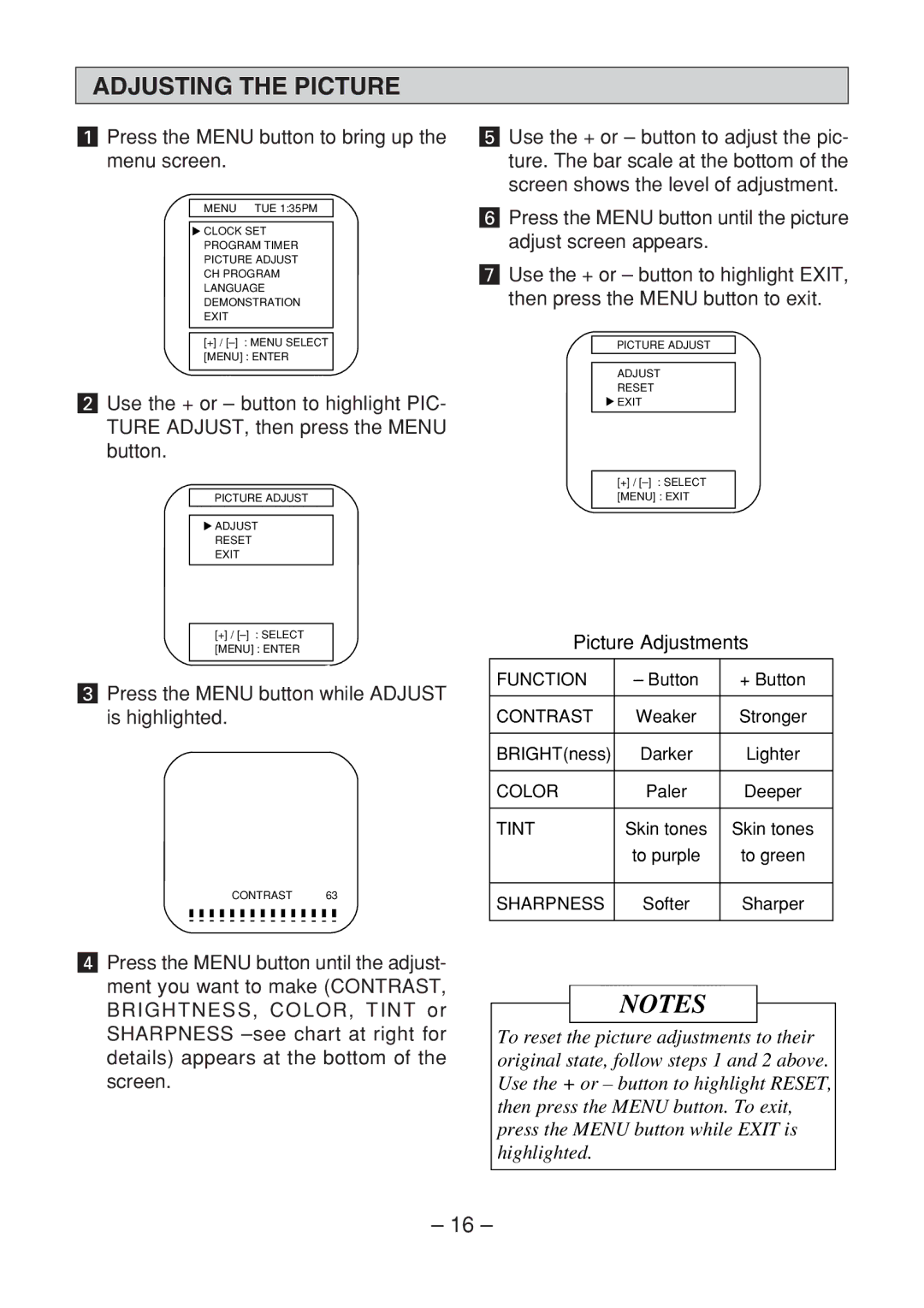 Memorex MT1091 owner manual Adjusting the Picture, Press the Menu button while Adjust is highlighted, Picture Adjustments 