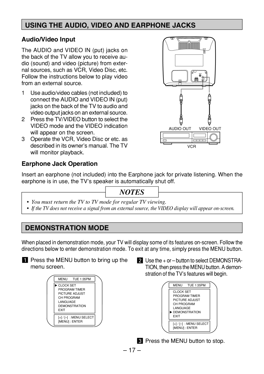 Memorex MT1091 Using the AUDIO, Video and Earphone Jacks, Demonstration Mode, Audio/Video Input, Earphone Jack Operation 