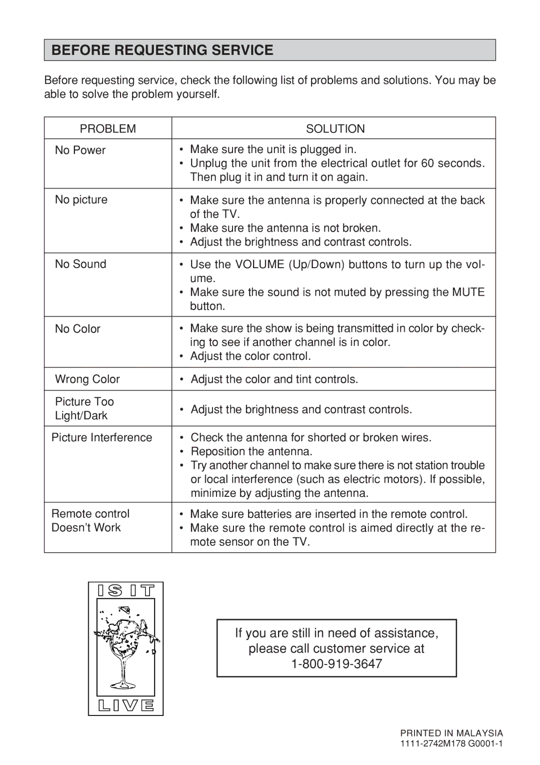 Memorex MT1091 owner manual Before Requesting Service, Ing to see if another channel is in color, Adjust the color control 