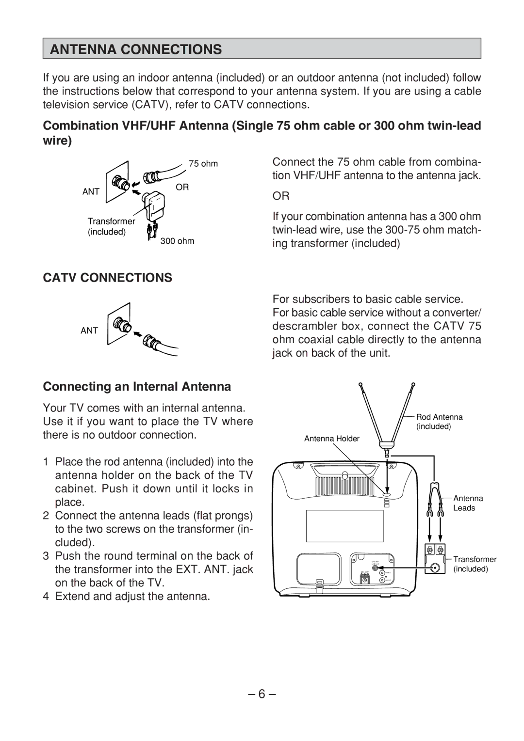 Memorex MT1091 owner manual Antenna Connections, Connecting an Internal Antenna 