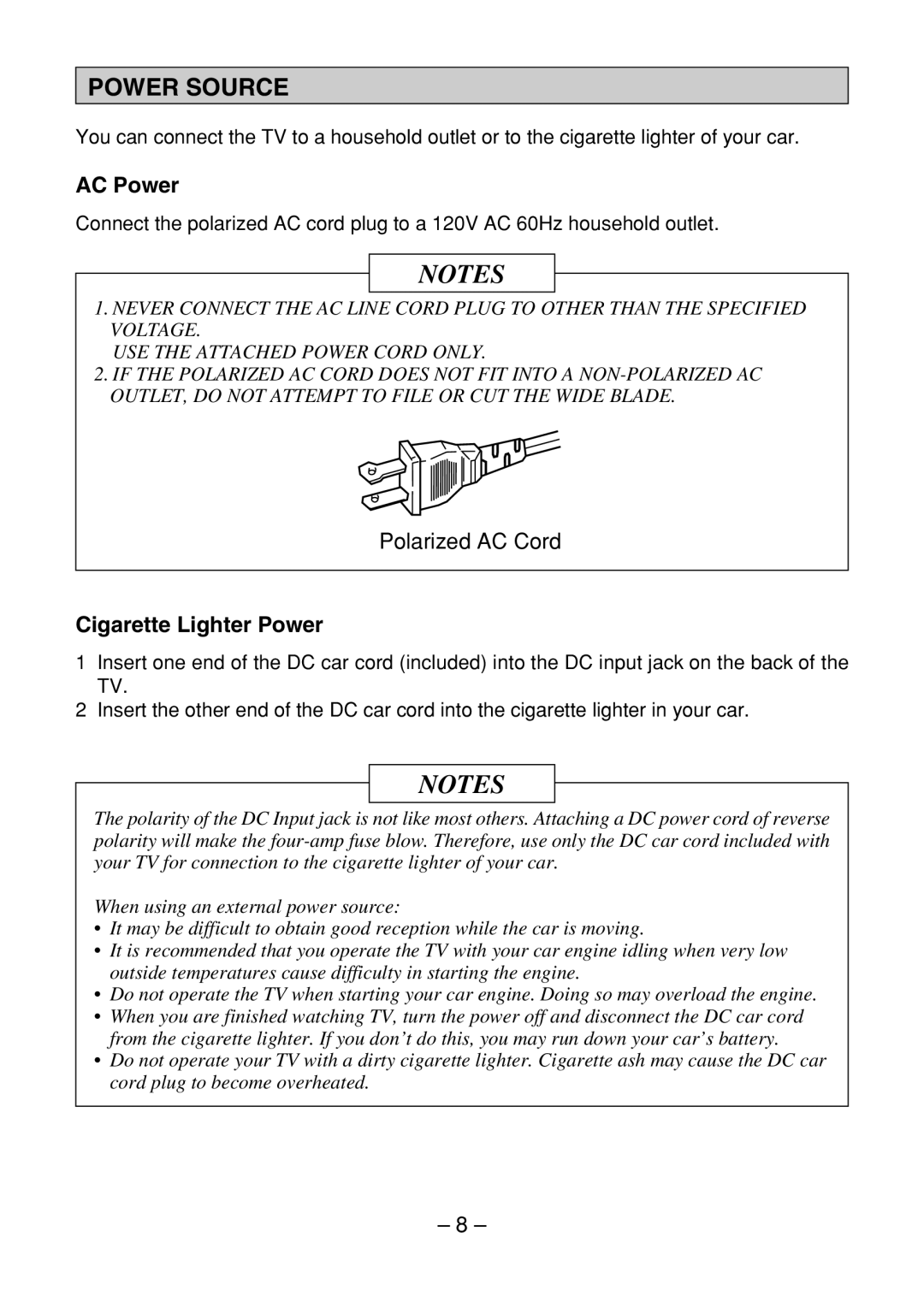 Memorex MT1091 owner manual Power Source, AC Power, Cigarette Lighter Power 