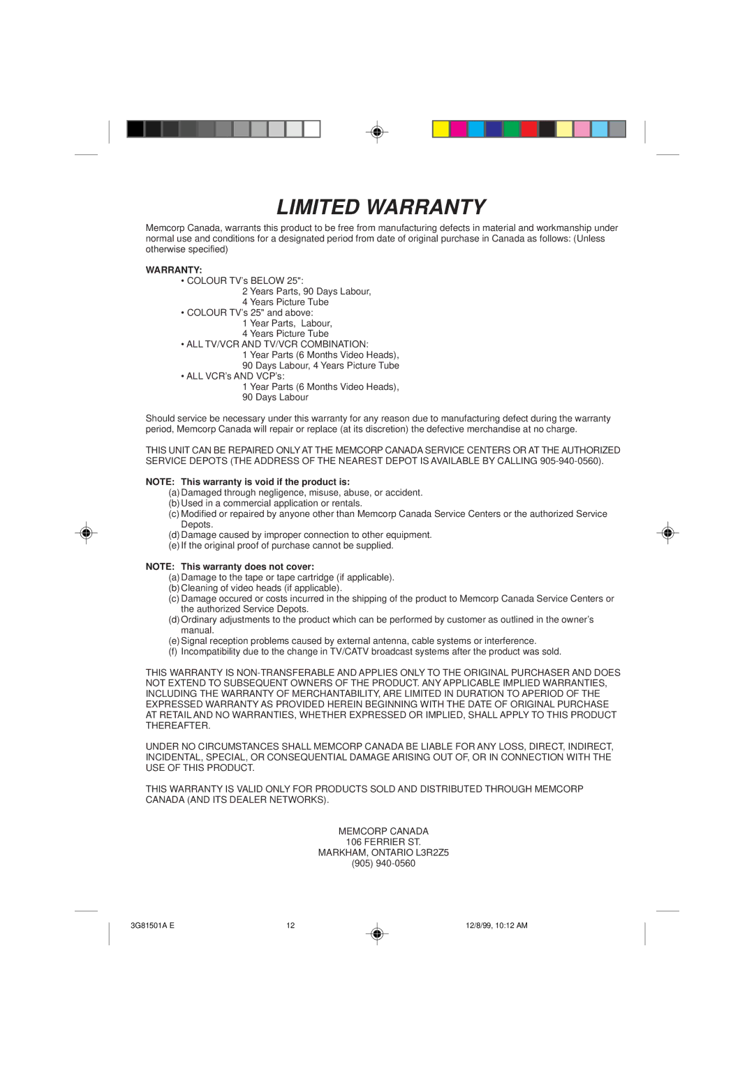 Memorex MT1120A owner manual Limited Warranty 