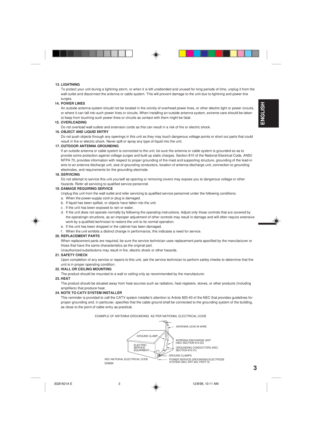 Memorex MT1120A Lightning, Power Lines, Overloading, Object and Liquid Entry, Outdoor Antenna Grounding, Servicing 