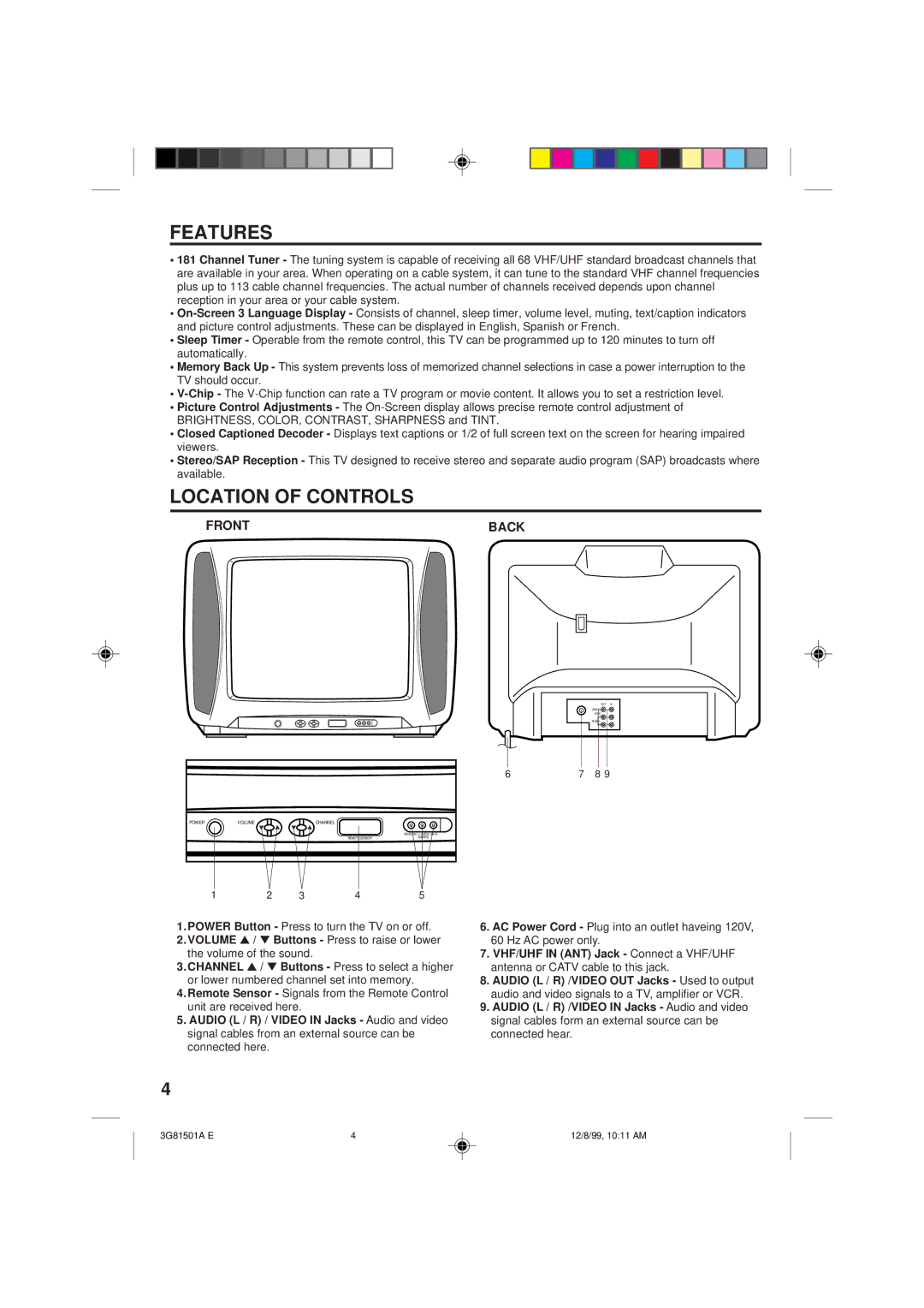 Memorex MT1120A owner manual Features, Front Back 