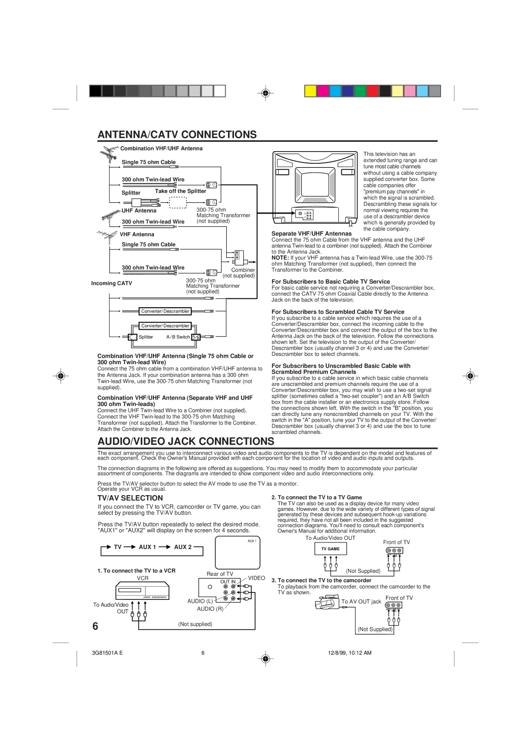 Memorex MT1120A owner manual ANTENNA/CATV Connections, AUDIO/VIDEO Jack Connections, TV/AV Selection, Aux 