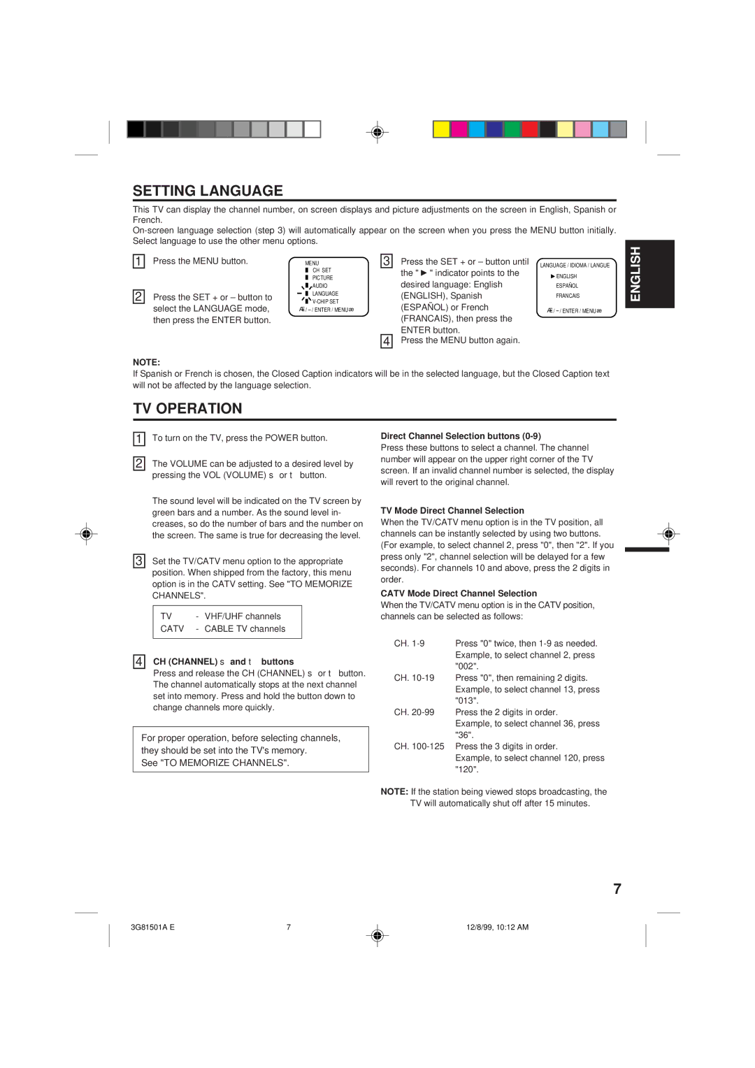 Memorex MT1120A owner manual Setting Language, TV Operation 