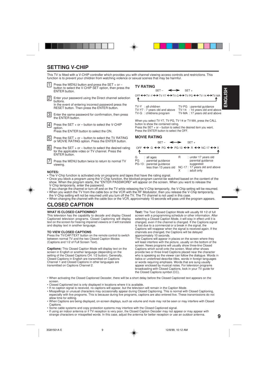 Memorex MT1120A owner manual Setting V-CHIP, Closed Caption, TV Rating, Movie Rating 