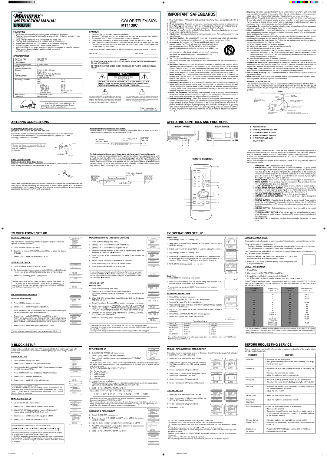 Memorex MT1130C instruction manual Specifications, Combination VHF/UHF Antenna, Catv Connections, Setting Language 