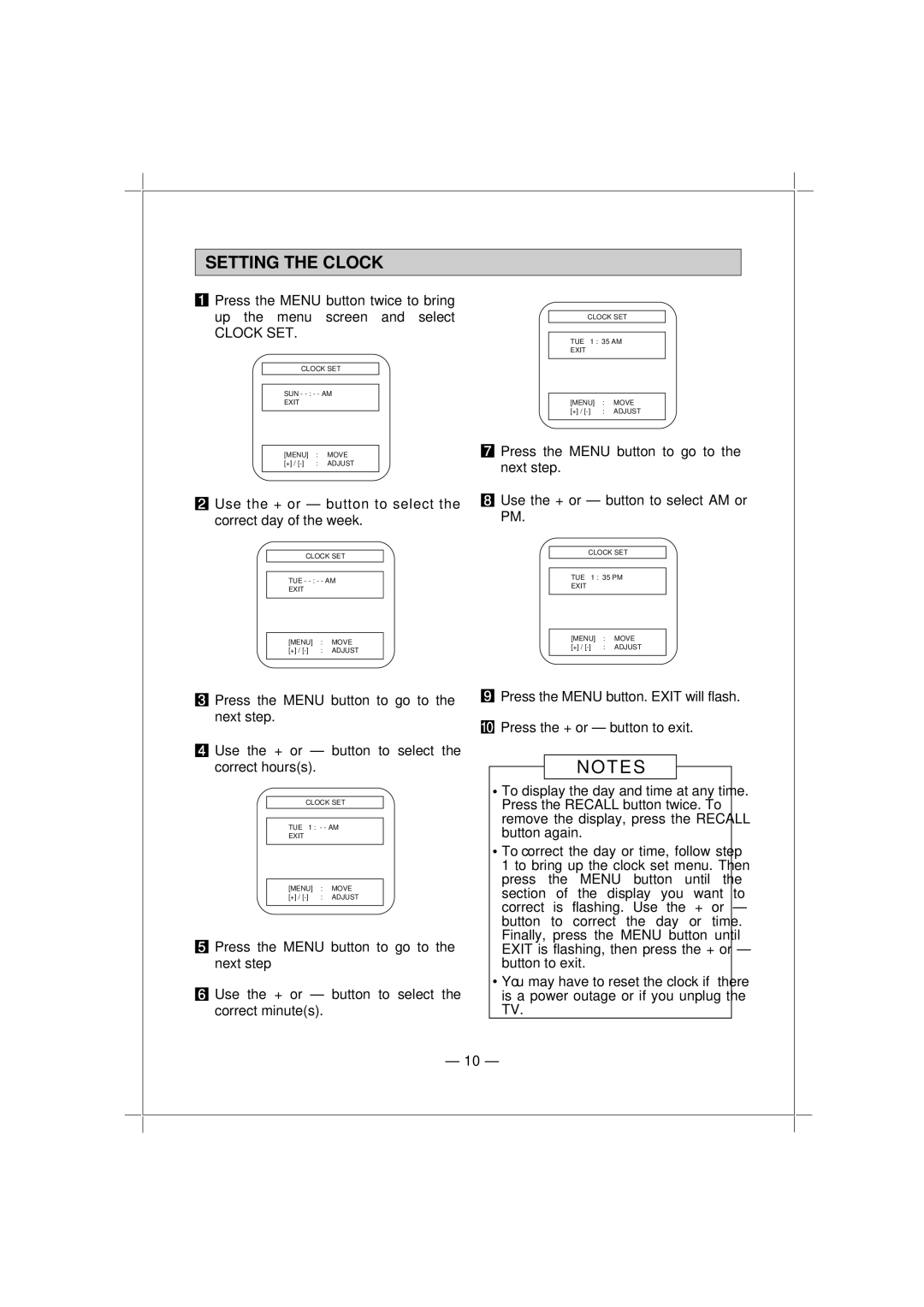 Memorex MT1132 owner manual Setting the Clock, Clock SET, Use the + or button to select the correct day of the week 