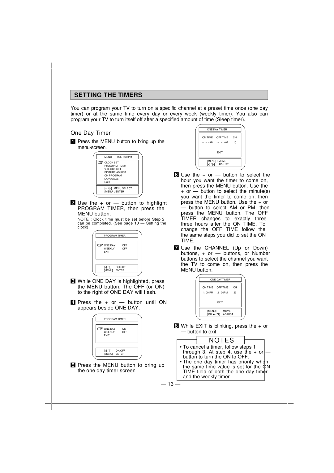 Memorex MT1132 owner manual Setting the Timers, Press the Menu button to bring up the one day timer screen 