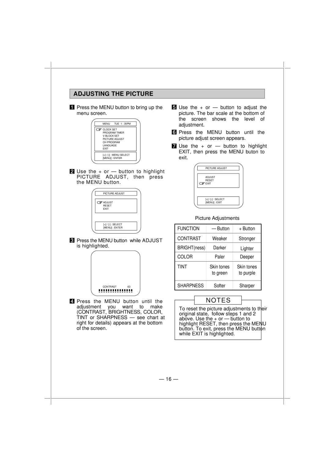 Memorex MT1132 owner manual Adjusting the Picture, Color, Tint, Sharpness 