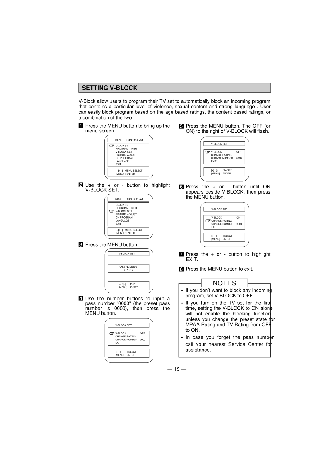 Memorex MT1132 owner manual Setting V-BLOCK, Block SET, Press the Menu button 