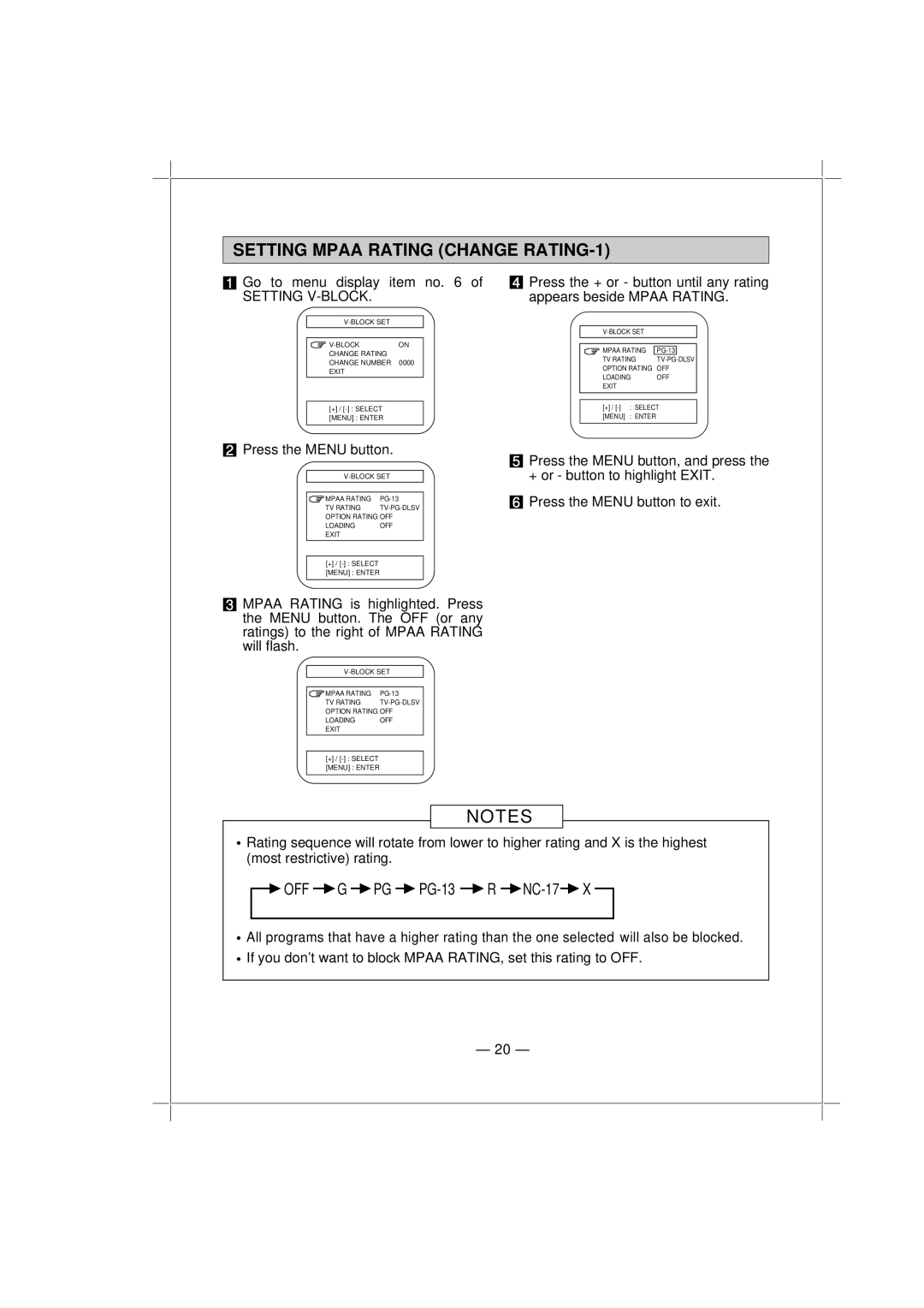 Memorex MT1132 owner manual Setting Mpaa Rating Change RATING-1, Go to menu display item no, Setting V-BLOCK 