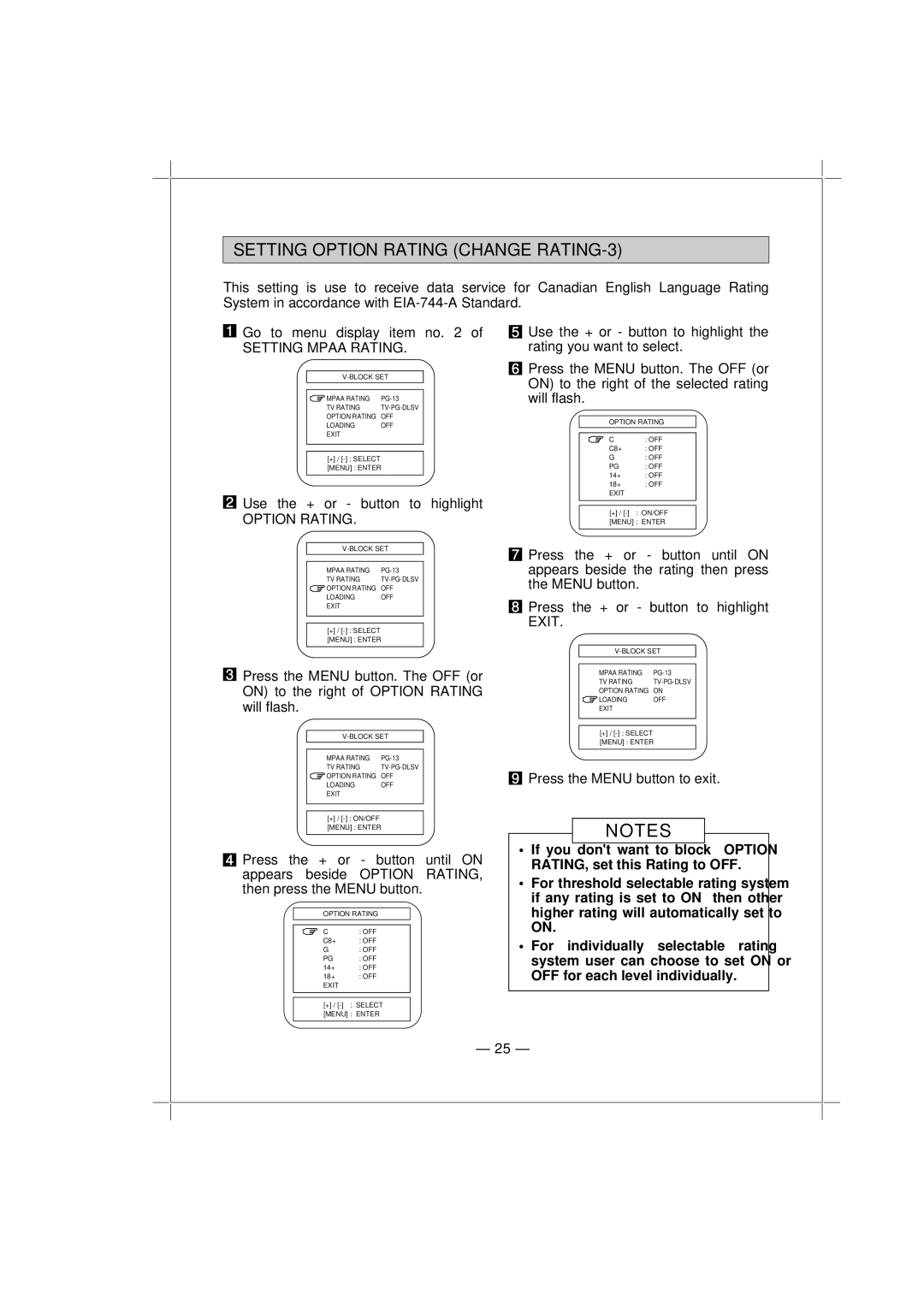 Memorex MT1132 owner manual Setting Option Rating Change RATING-3 