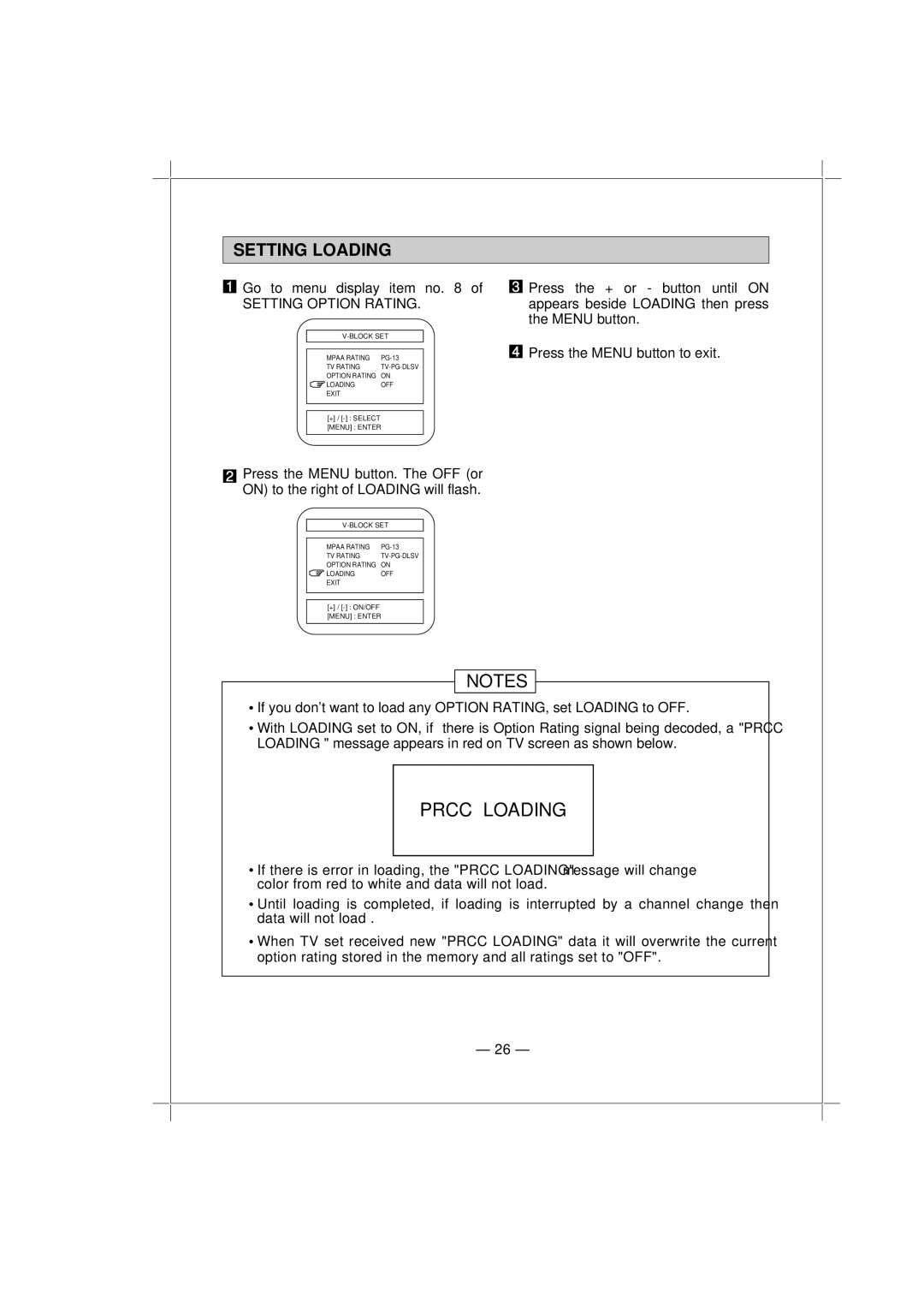 Memorex MT1132 owner manual Setting Loading, Setting Option Rating 