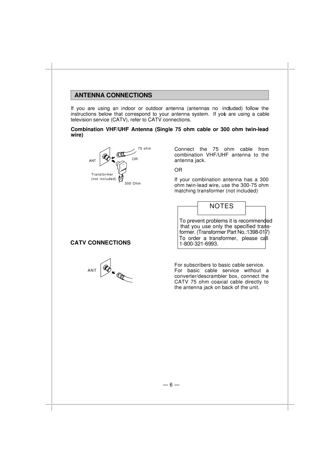 Memorex MT1132 owner manual Antenna Connections, Catv Connections 