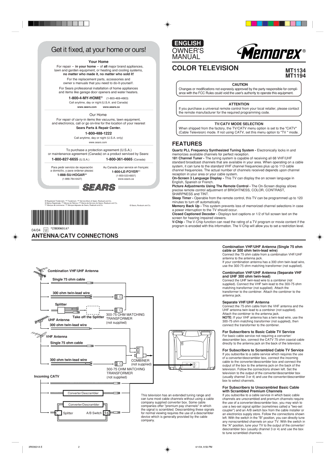 Memorex MT1194, MT1134 owner manual Features, ANTENNA/CATV Connections, TV/CATV Mode Selection 