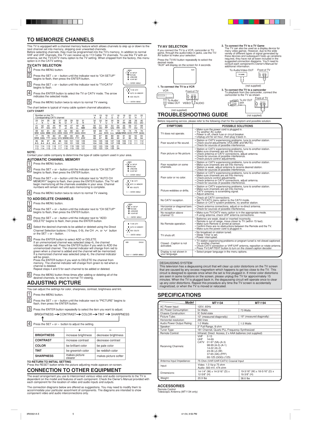 Memorex MT1134, MT1194 To Memorize Channels, Troubleshooting Guide, Adjusting Picture, Connection to Other Equipment 