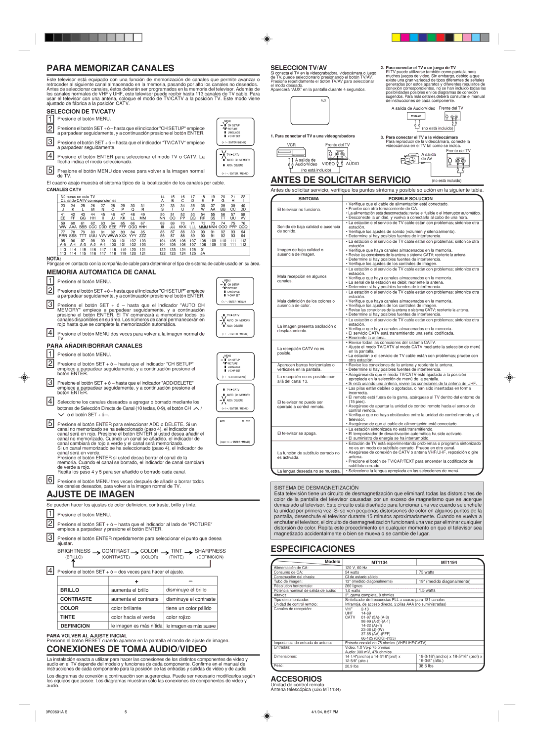 Memorex MT1134 Para Memorizar Canales, Antes DE Solicitar Servicio, Ajuste DE Imagen, Conexiones DE Toma AUDIO/VIDEO 