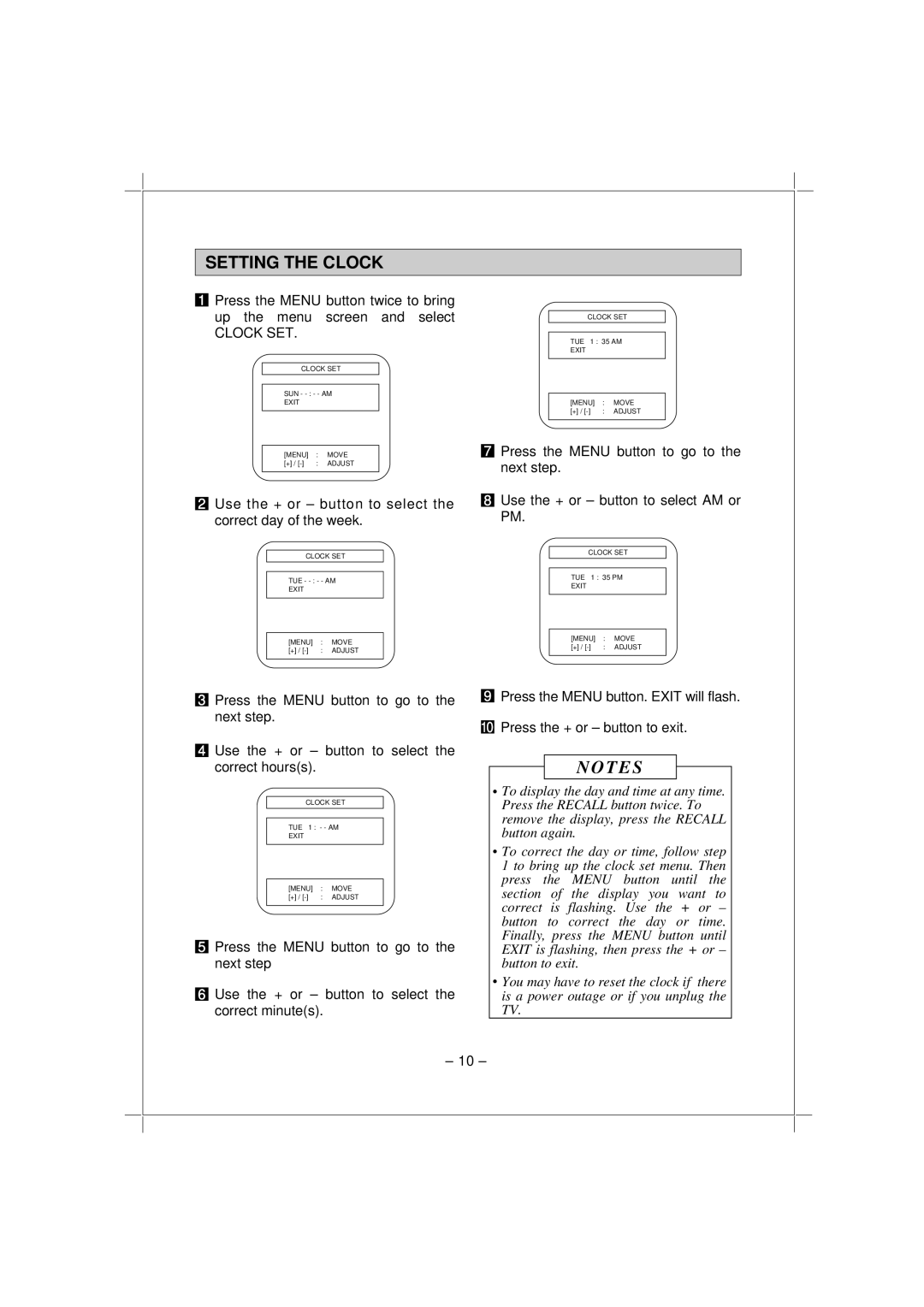 Memorex MT1192 owner manual Setting the Clock, Clock SET, Use the + or button to select the correct day of the week 