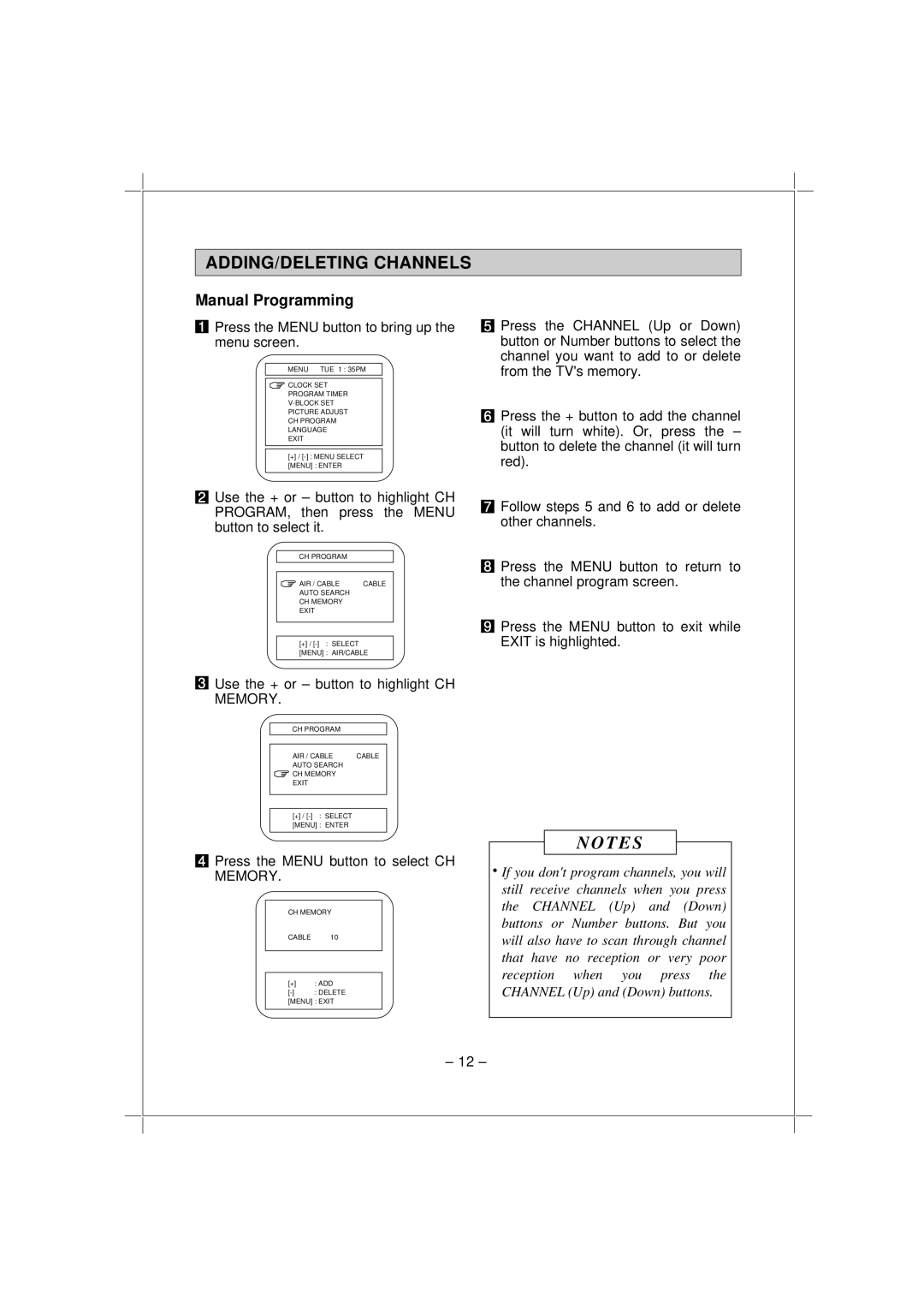 Memorex MT1192 owner manual ADDING/DELETING Channels, Use the + or button to highlight CH, Memory 