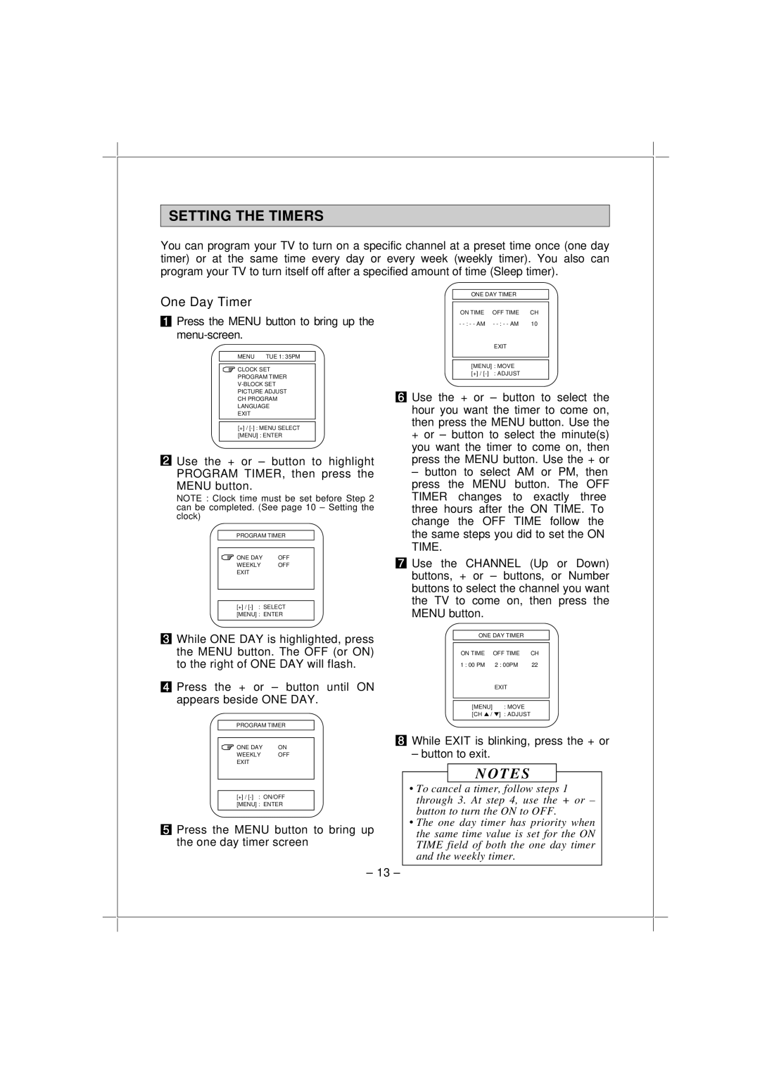 Memorex MT1192 owner manual Setting the Timers, Press the Menu button to bring up the one day timer screen 