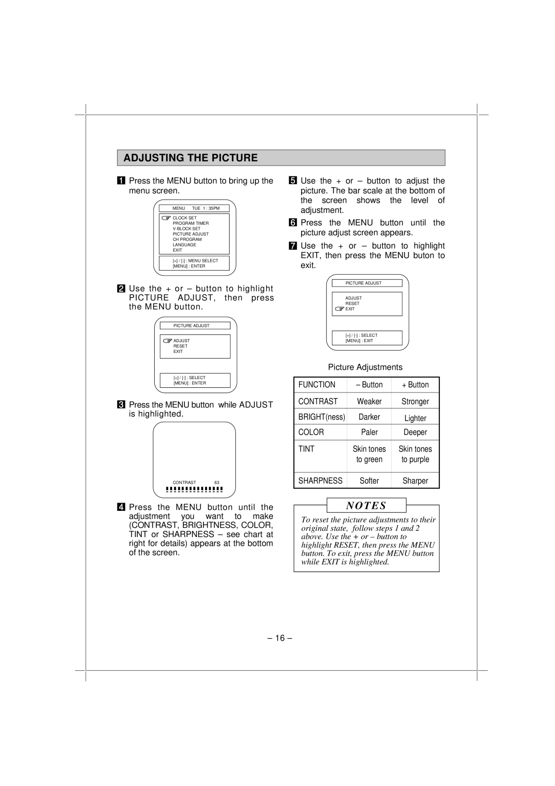 Memorex MT1192 owner manual Adjusting the Picture, Color, Tint, Sharpness 