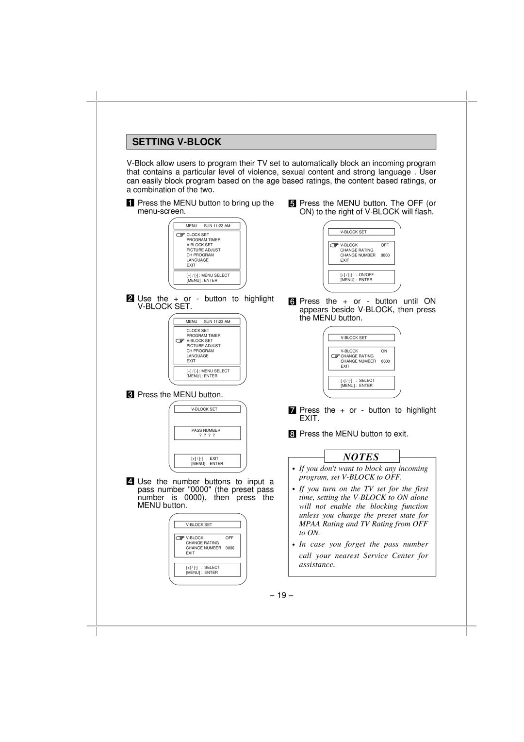 Memorex MT1192 owner manual Setting V-BLOCK, Block SET, Press the Menu button 