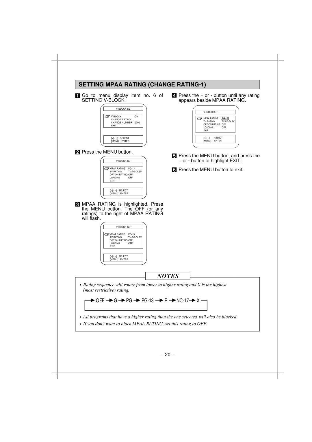 Memorex MT1192 owner manual Setting Mpaa Rating Change RATING-1, Go to menu display item no, Setting V-BLOCK 