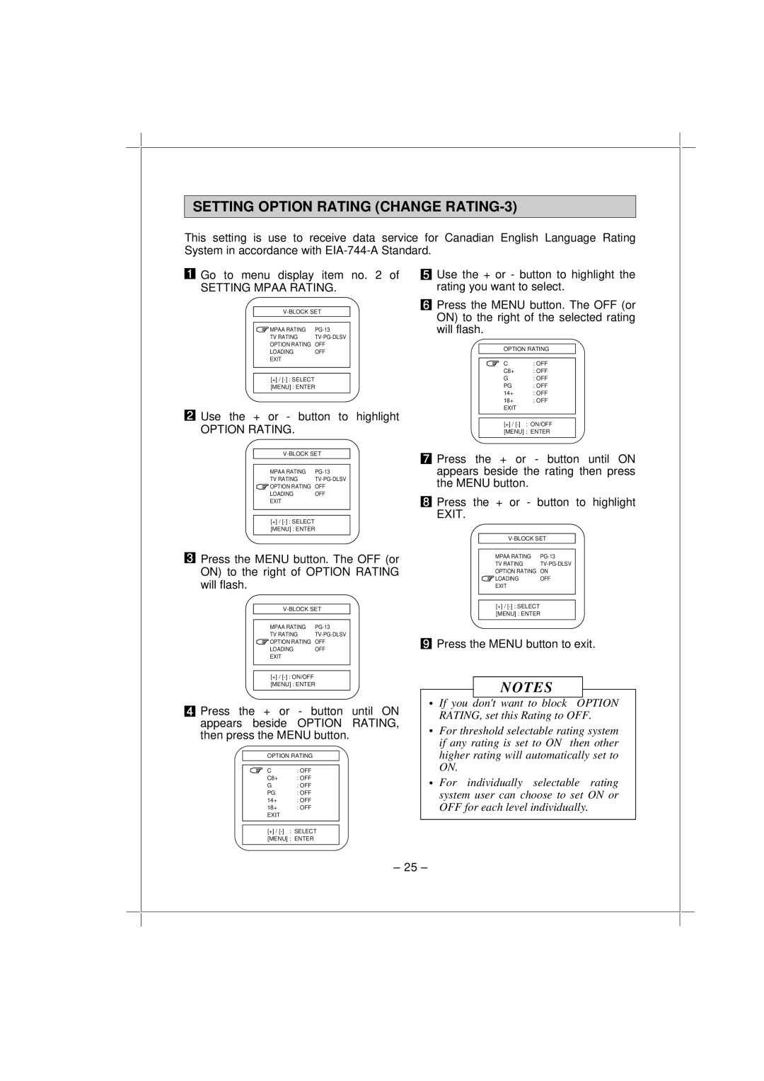 Memorex MT1192 owner manual Setting Option Rating Change RATING-3 