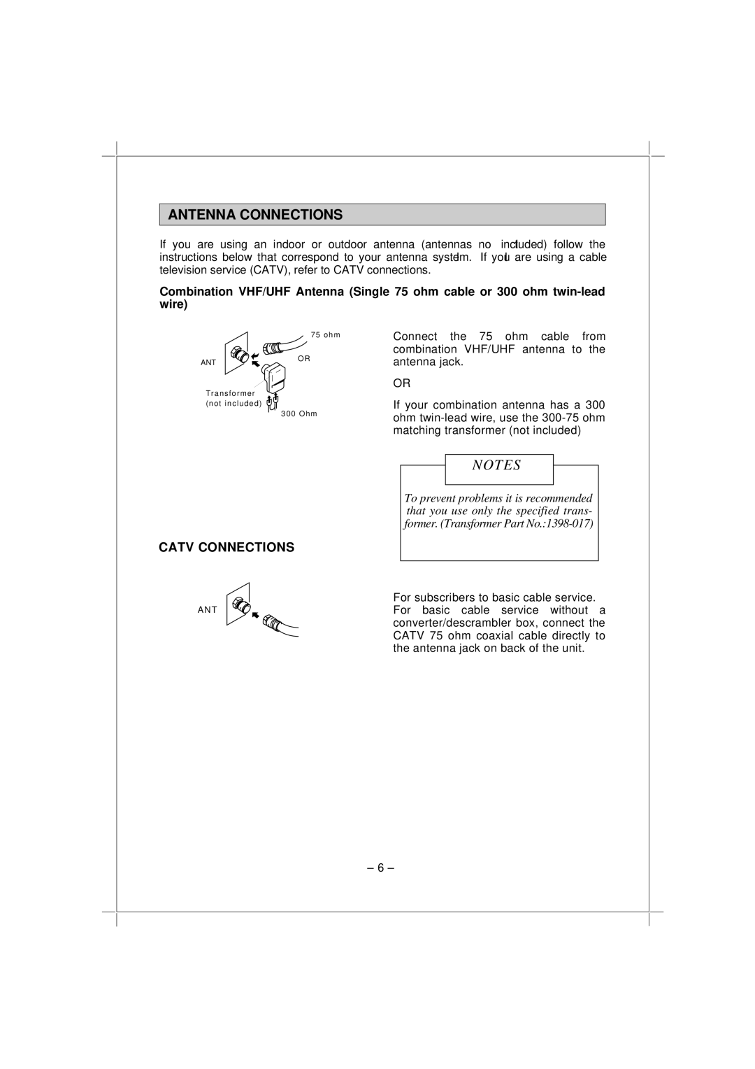 Memorex MT1192 owner manual Antenna Connections 