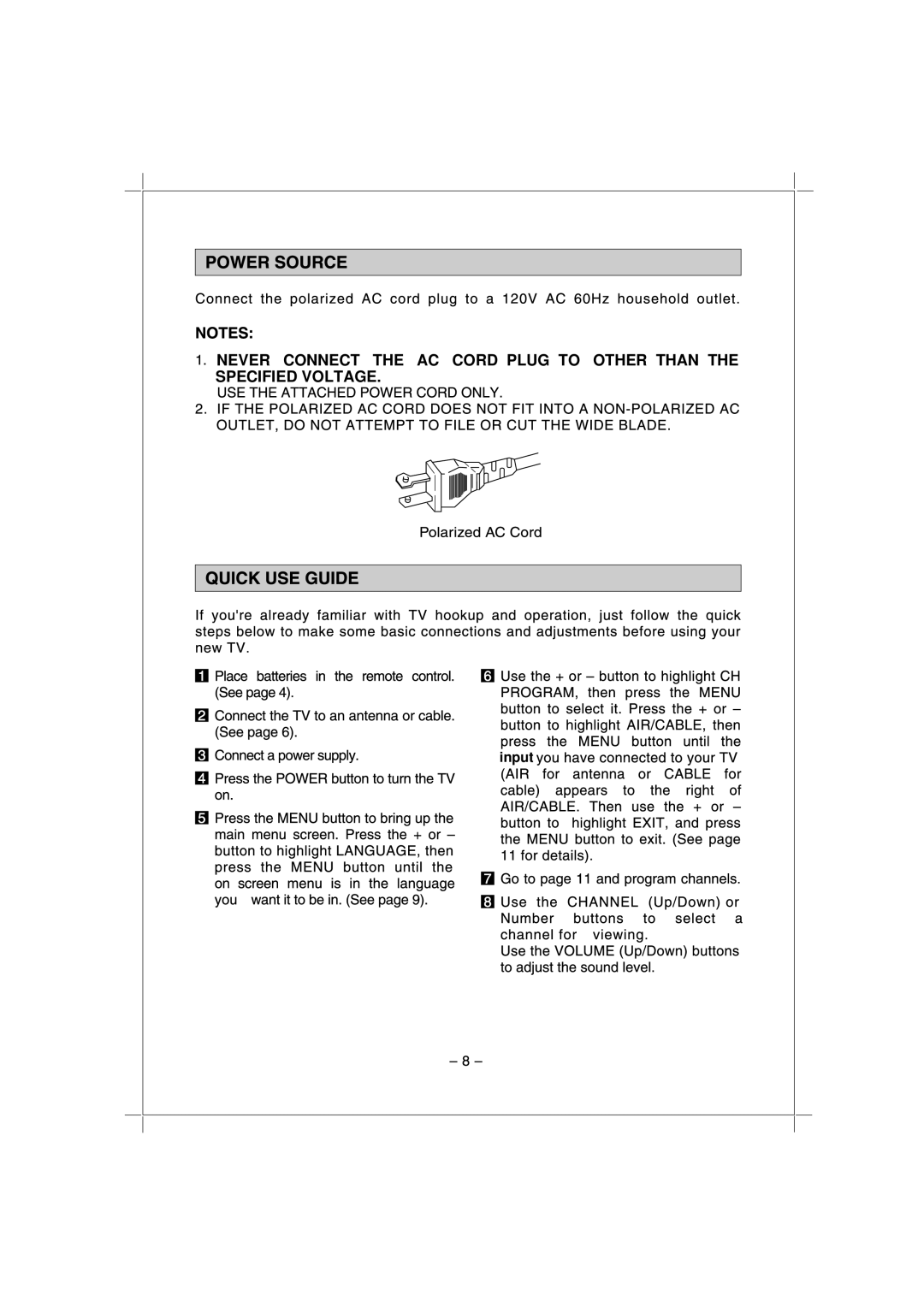 Memorex MT1192 owner manual Never Connect the AC Cord Plug to Other than 