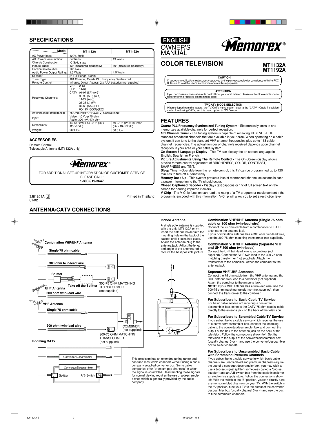 Memorex MT1132A, MT1192A owner manual Specifications, Features, ANTENNA/CATV Connections 