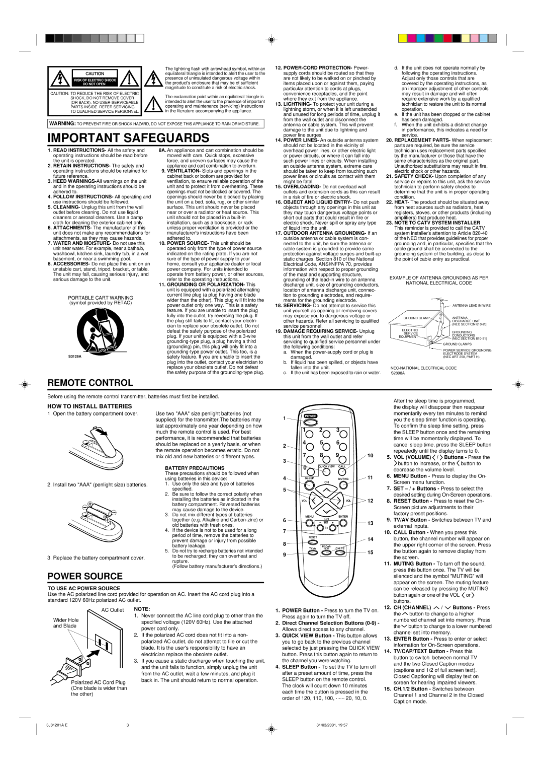 Memorex MT1192A, MT1132A owner manual Remote Control, HOW to Install Batteries, To USE AC Power Source, CH Channel 