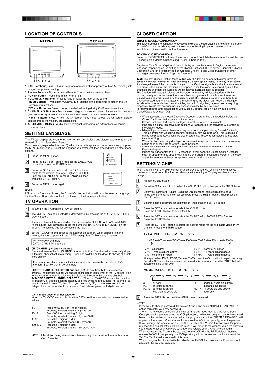 Memorex MT1132A, MT1192A owner manual Location of Controls, Setting Language, Closed Caption, Setting V-CHIP, TV Operation 