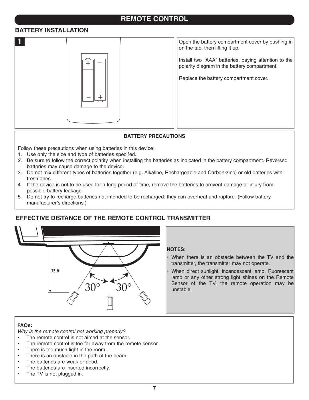 Memorex MT1701 manual Battery Installation, Effective Distance of the Remote Control Transmitter, Battery Precautions 