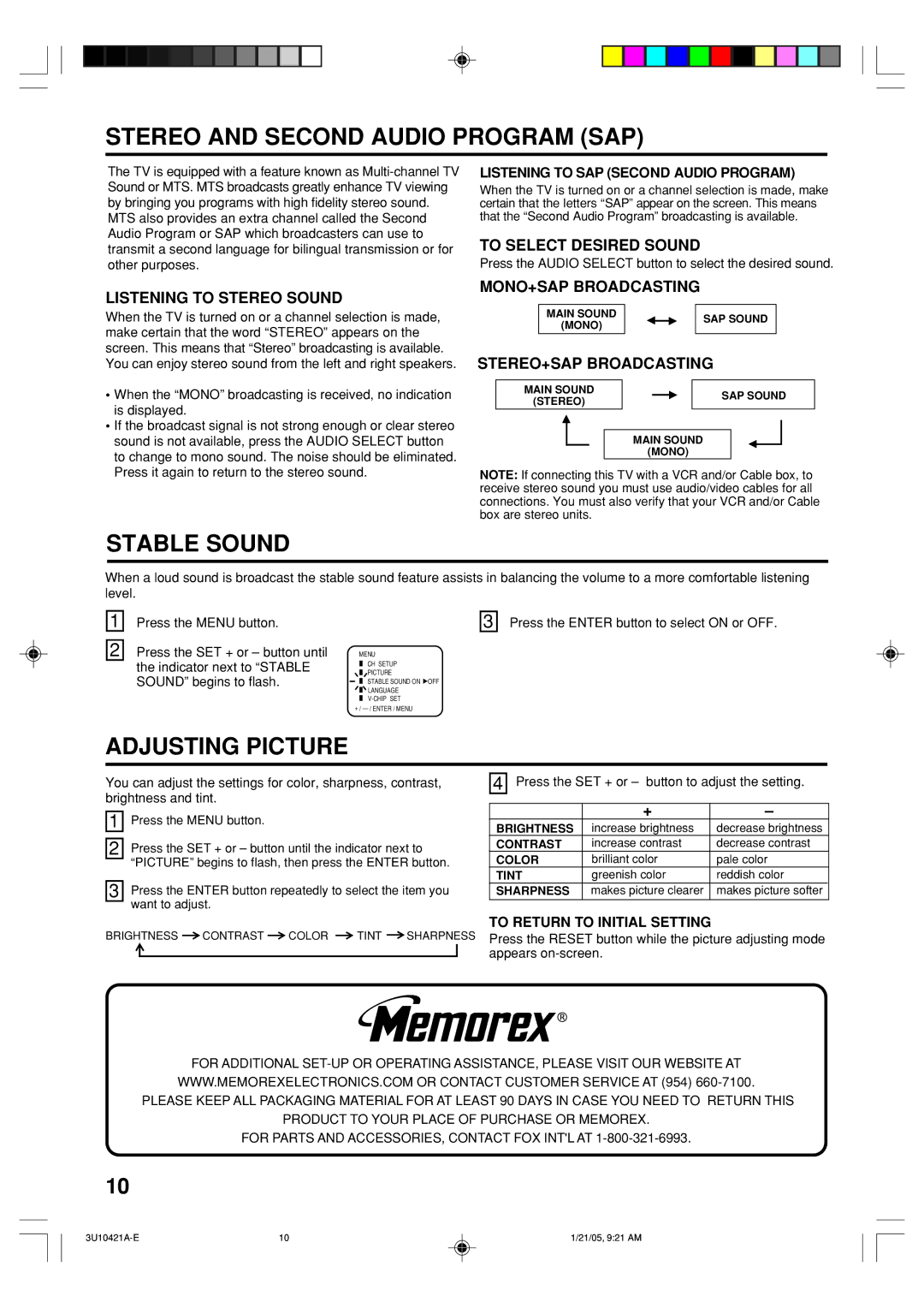 Memorex MT2012 owner manual Stereo and Second Audio Program SAP, Stable Sound, Adjusting Picture 